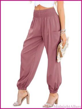 Dokotoo Womens Smocked High Waisted Tapered Leg Harem Pants with Pockets